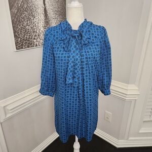 Anna Sui Shirt Dress Womans XS STARBURST Blue Ruffle Neck Tie